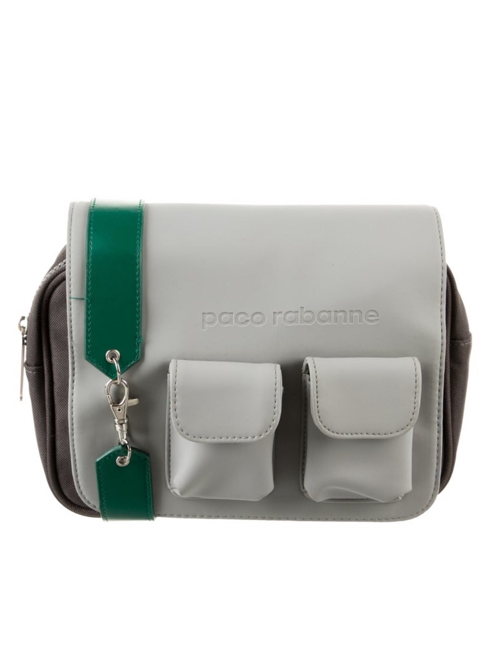 Paco Rabanne grey green leather trim travel bag